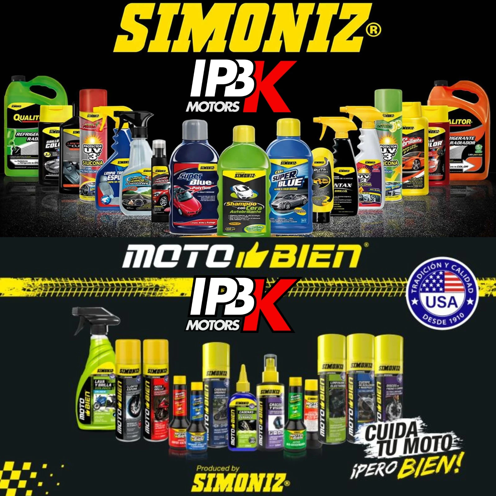 Gama Simoniz para autos (superior) y motos Moto Bien (inferior) con aceites, ceras, shampoos y protectores.