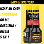 Aditivo Power Shot Simoniz 5 en 1 concentrado, 60 mL, para gasolina/diésel. Muestra características de uso y dos envases.