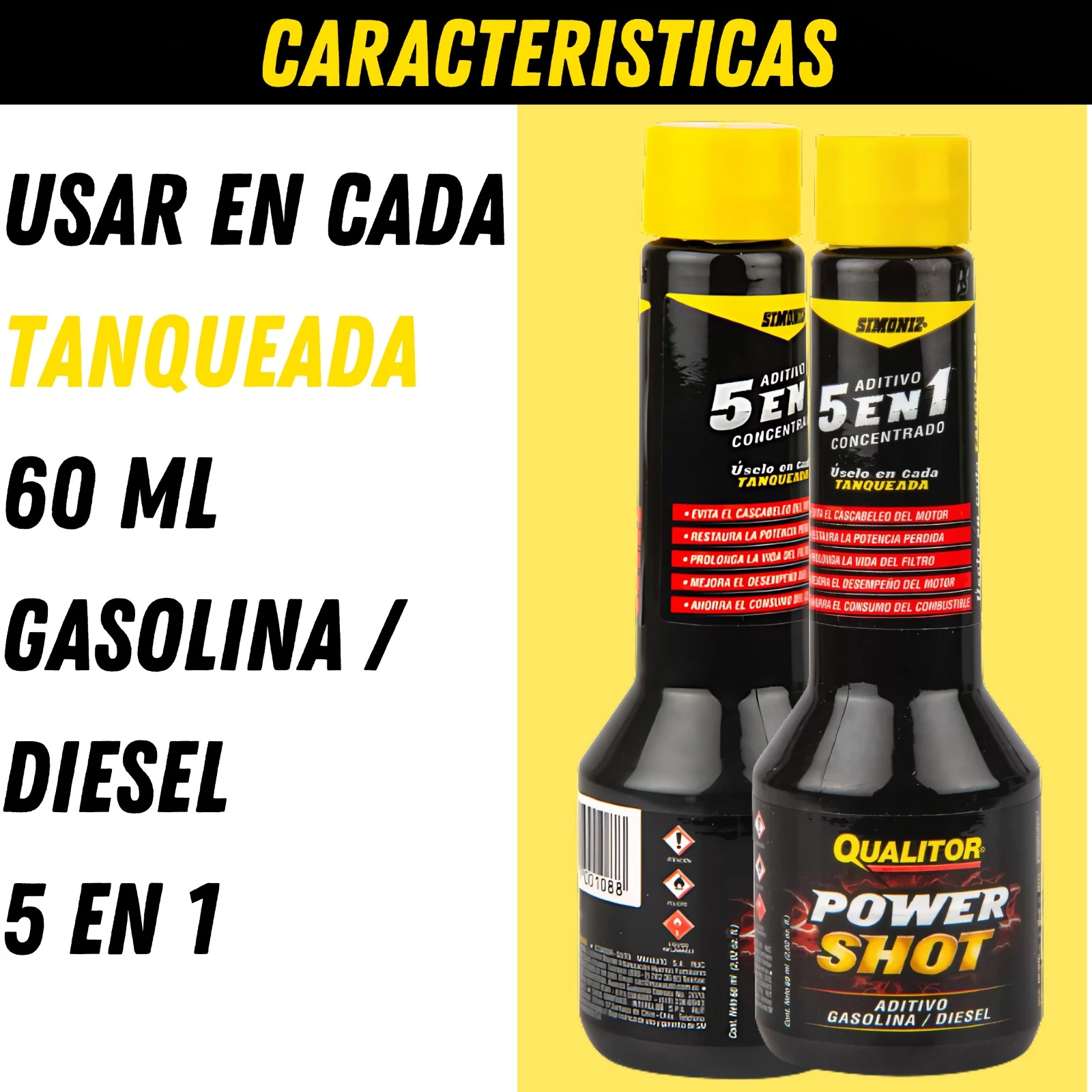 Aditivo Power Shot Simoniz 5 en 1 concentrado, 60 mL, para gasolina/diésel. Muestra características de uso y dos envases.