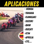 Carrera de motos deportivas MotoGP pasando una curva, con listado de marcas compatibles: Honda, Yamaha, Suzuki, Ducati.