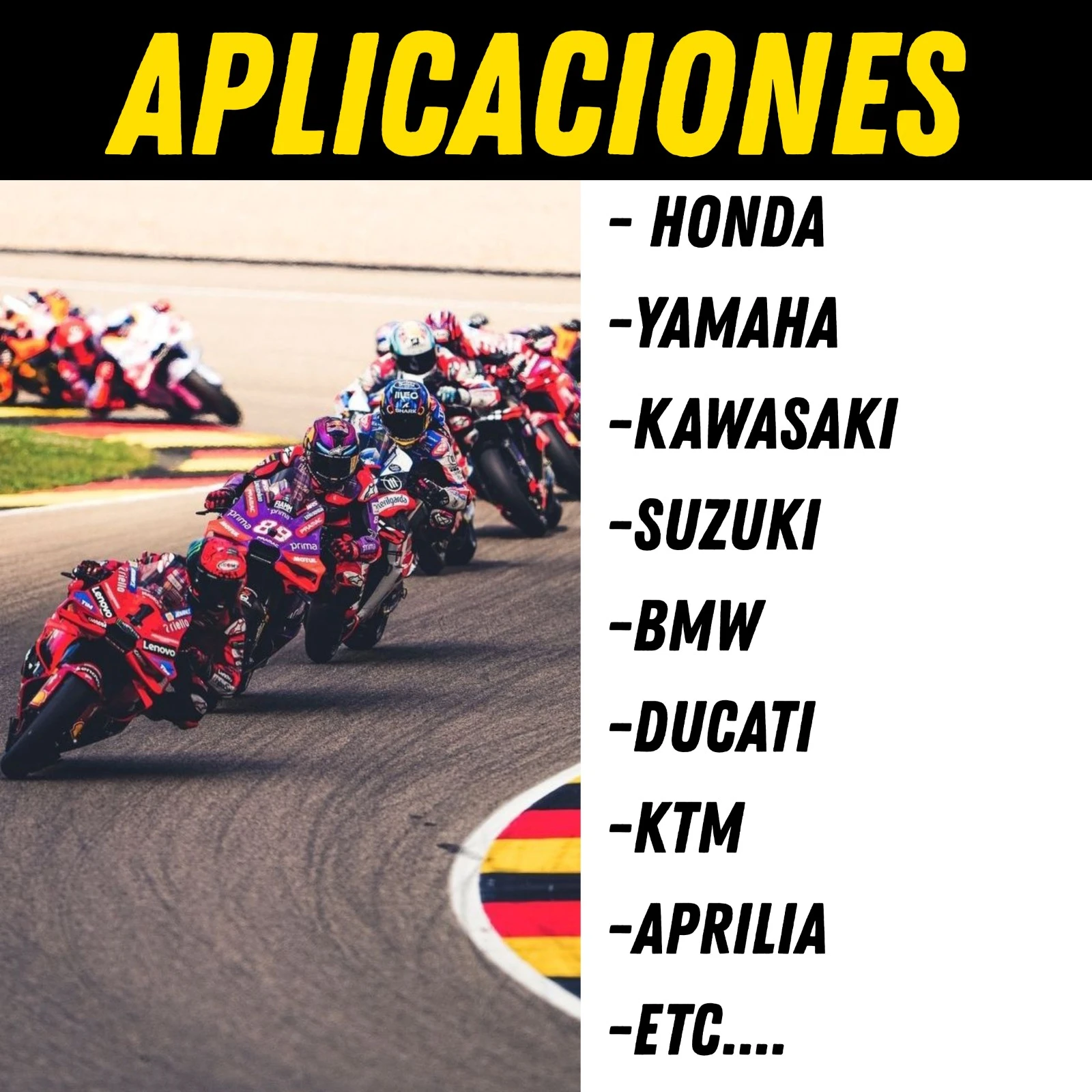 Carrera de motos deportivas MotoGP pasando una curva, con listado de marcas compatibles: Honda, Yamaha, Suzuki, Ducati.