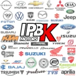 Logotipo grande "IPBK MOTORS" rodeado de emblemas de marcas automotrices y de motocicletas como Nissan, Ford, BMW, Honda y Yamaha.