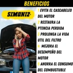 Beneficios del aditivo Simoniz: evita cascabeleo, restaura potencia, prolonga filtro, mejora motor y ahorra combustible. Mujer preocupada con capó abierto.