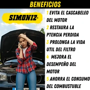 Beneficios del aditivo Simoniz: evita cascabeleo, restaura potencia, prolonga filtro, mejora motor y ahorra combustible. Mujer preocupada con capó abierto.