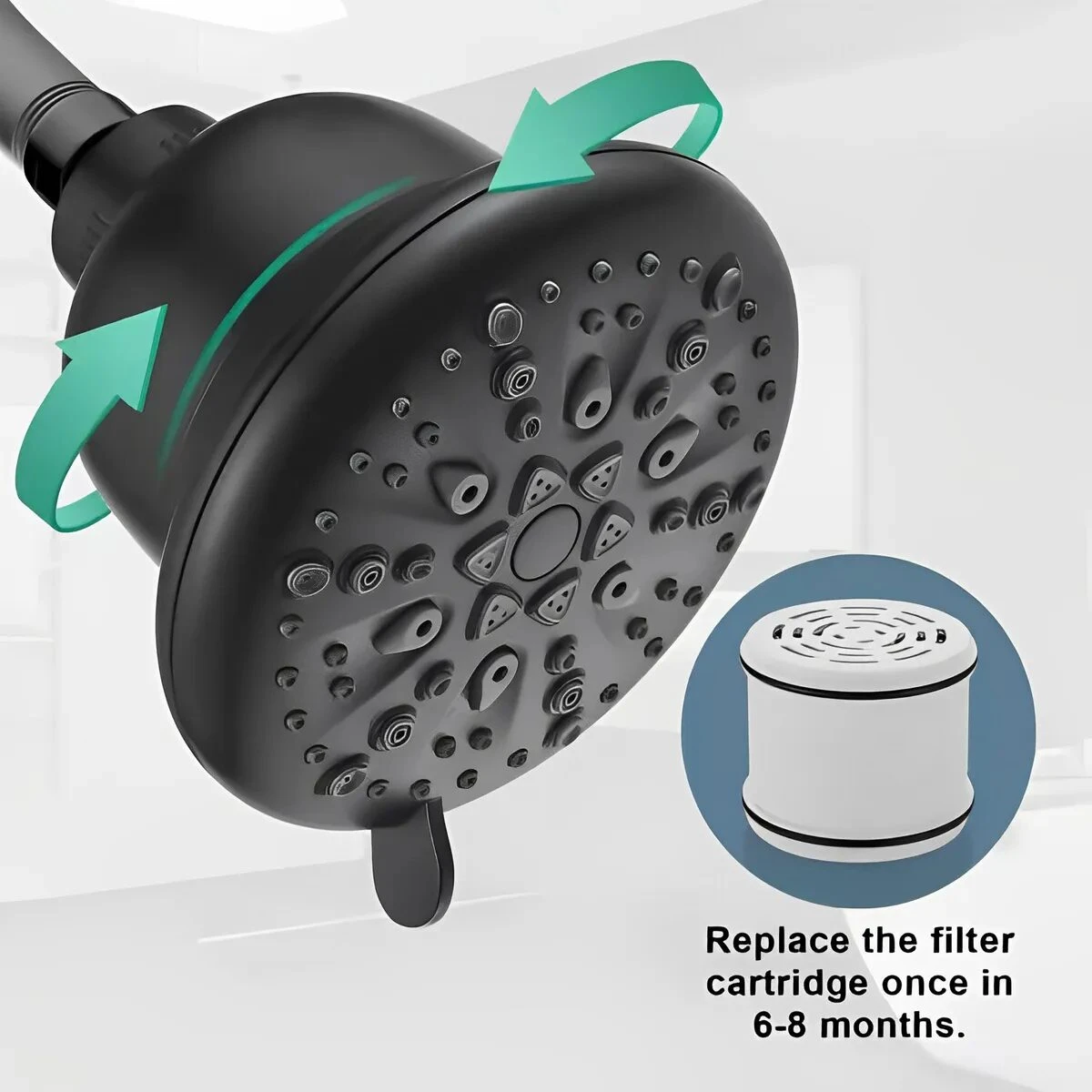 Ducha de alta presión negra con cabezal giratorio y cartucho filtrante extraíble, que debe reemplazarse cada 6 a 8 meses para purificar el agua.