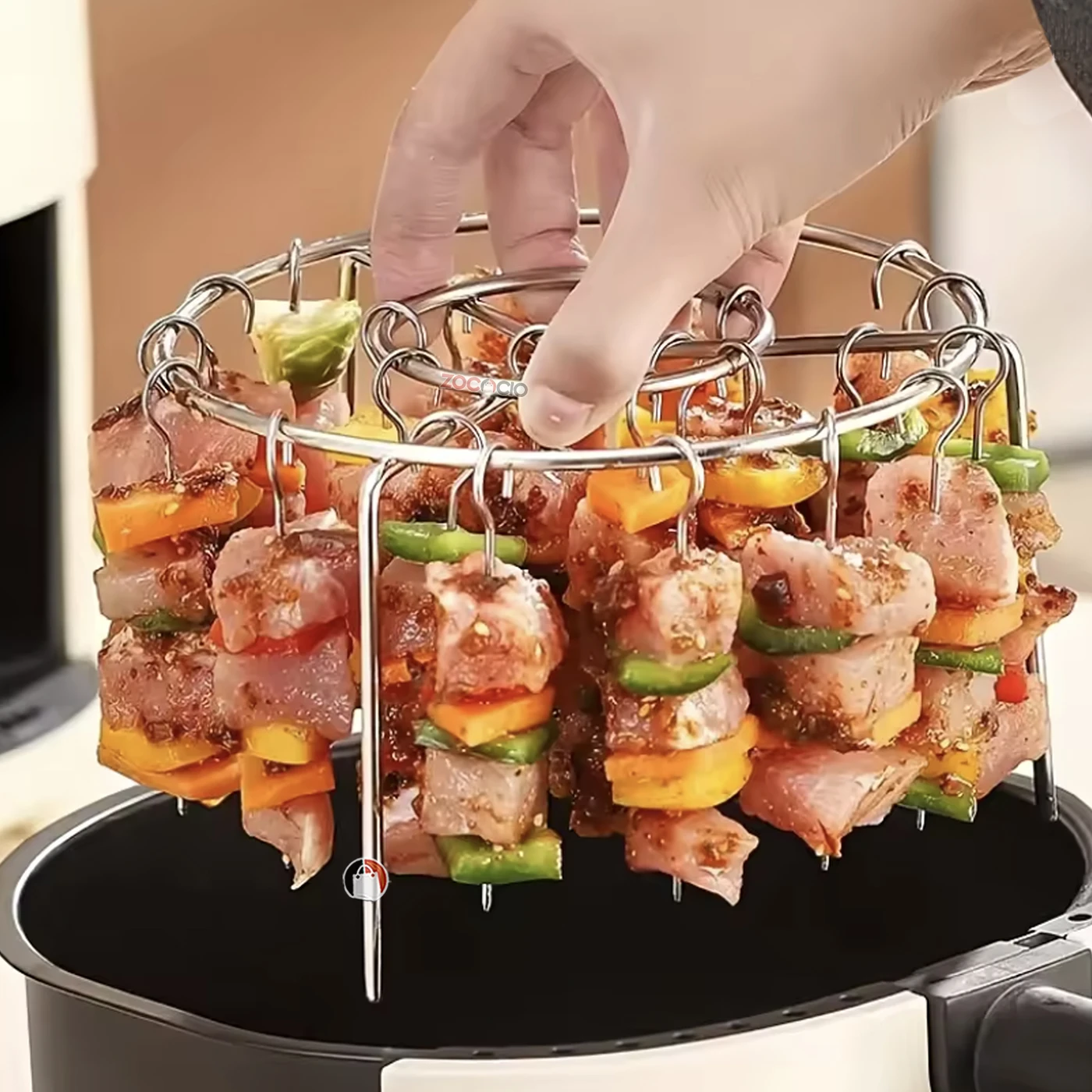 Accesorio para Airfryer: brochetas de carne y verduras en parrilla redonda de acero inoxidable.