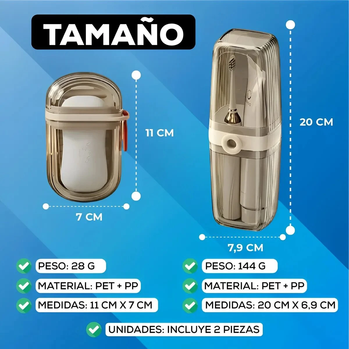 Tamaño y especificaciones de dos estuches porta cepillos de dientes y jabón: uno pequeño (11x7 cm, 28g) y uno grande (20x7.9 cm, 144g), ambos PET+PP. Incluye 2 piezas.