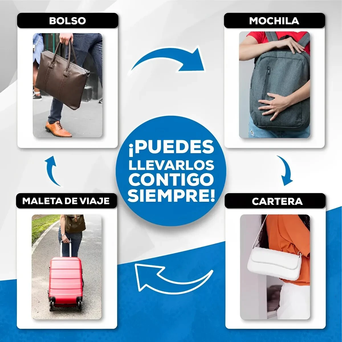Cuatro tipos de equipaje (bolso, mochila, maleta roja y cartera blanca) con texto: ¡Puedes llevarlos contigo siempre!
