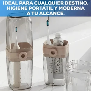 Porta cepillos de dientes portátil beige con tapa transparente para viaje, mostrando un cepillo eléctrico y pasta dental.