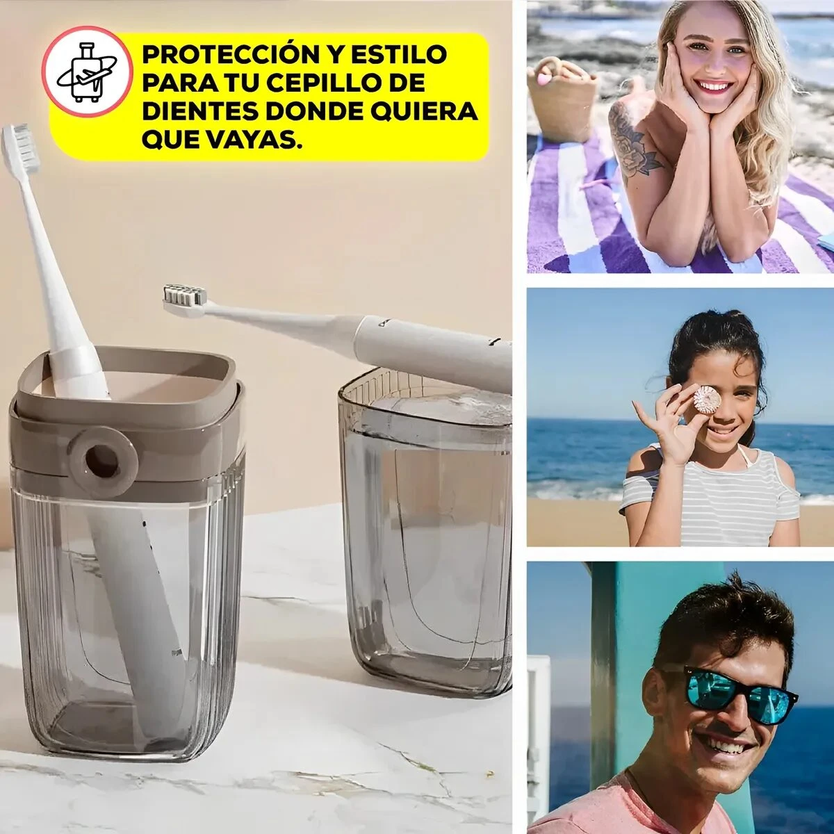 Estuche protector gris ahumado para cepillo de dientes eléctrico en viaje, con taza para enjuague, junto a personas sonrientes en la playa.