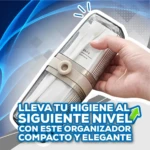 Estuche organizador compacto y elegante de viaje transparente sosteniendo cepillo y pasta dental.