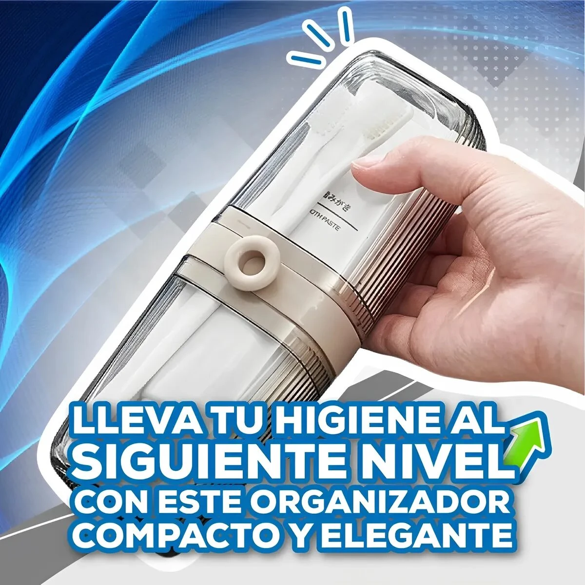 Estuche organizador compacto y elegante de viaje transparente sosteniendo cepillo y pasta dental.