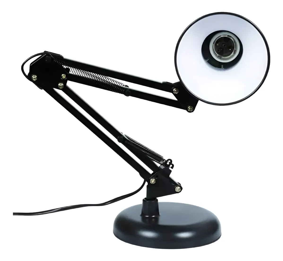 Lámpara de mesa ajustable, brazo articulado negro con resortes expuestos y base redonda, pantalla blanca interior para foco.