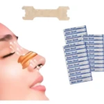 Tiras nasales adhesivas color piel para mejorar la respiración, con un ejemplo de aplicación en nariz y paquetes individuales.