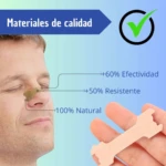 Hombre usando tira nasal color piel para mejorar respiración; producto 100% natural con +60% efectividad.