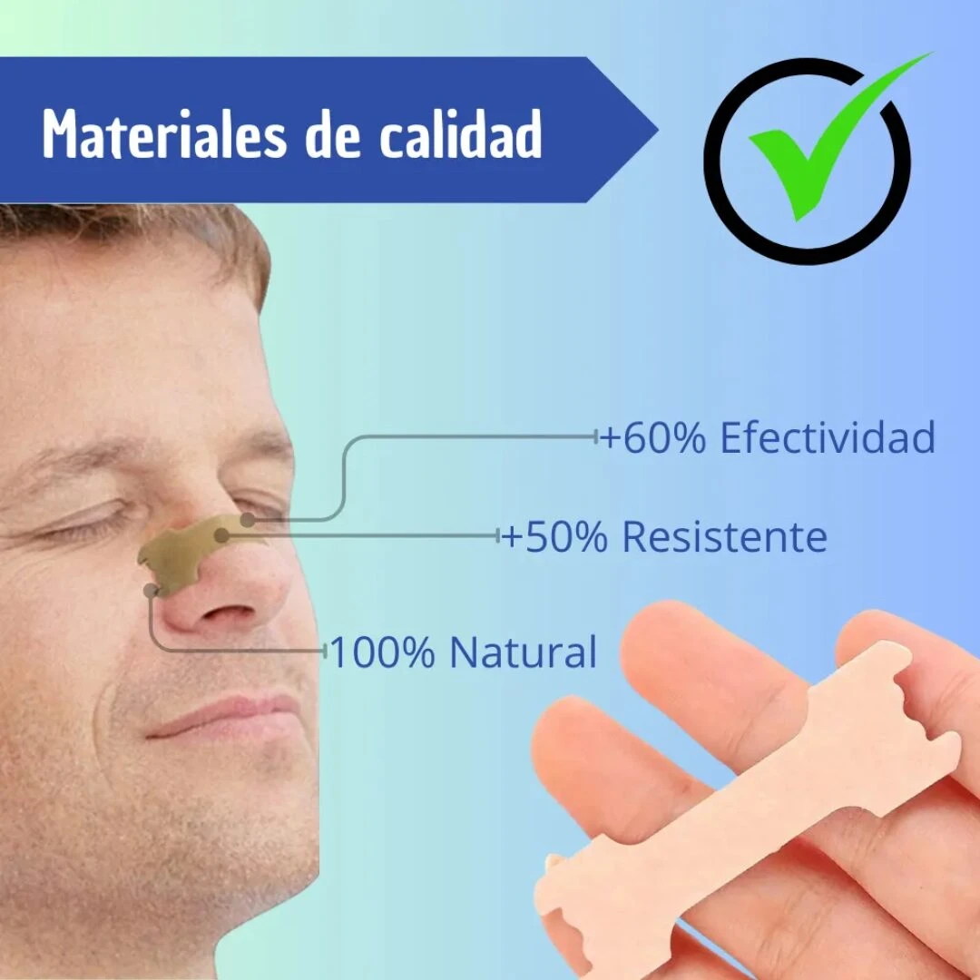 Hombre usando tira nasal color piel para mejorar respiración; producto 100% natural con +60% efectividad.