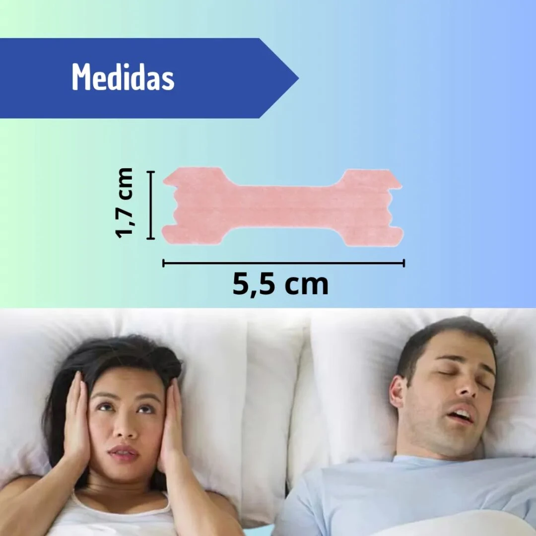 Banda nasal rosa de 5,5 cm x 1,7 cm para dejar de roncar, junto a pareja molesta y hombre durmiendo.