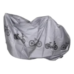 Funda protectora plateada impermeable para bicicleta con estampados de varias siluetas de bicicletas y ciclomotores.