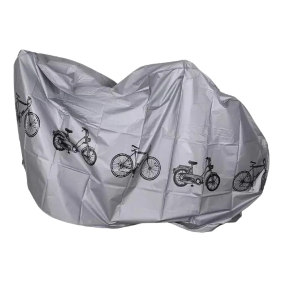 Funda protectora plateada impermeable para bicicleta con estampados de varias siluetas de bicicletas y ciclomotores.