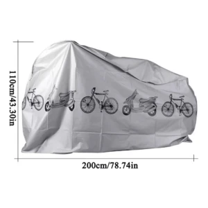 Cubierta impermeable gris para bicicleta o scooter, dimensiones 200cm largo por 110cm alto, con siluetas de vehículos impresas.