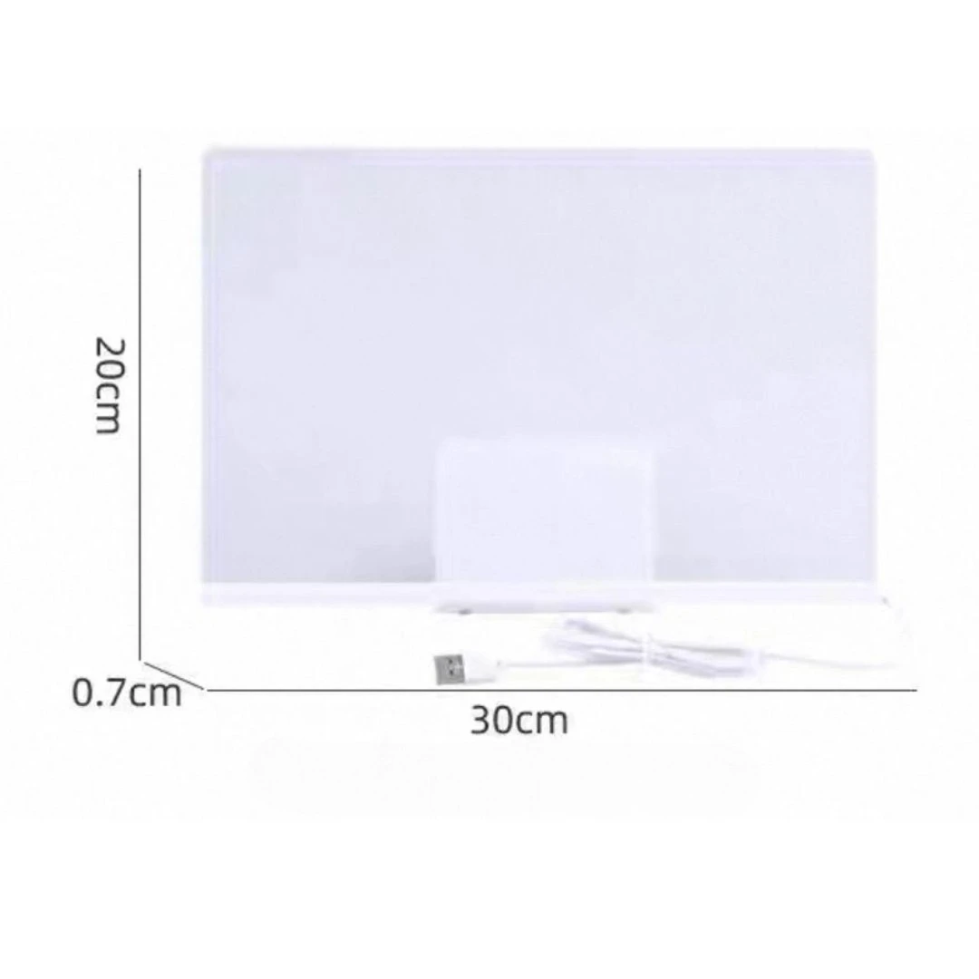 Tablero lámpara acrílico blanco de 30x20cm con grosor de 0.7cm, con cable USB y un panel central iluminado.