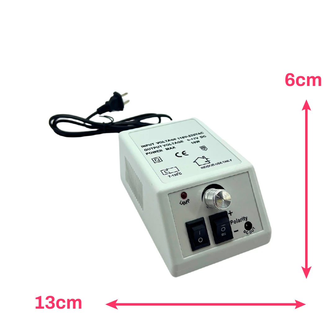 Controlador de pulidora de uñas Mercedes 2000 blanco con perilla de velocidad, interruptor de encendido, selector de polaridad y medidas 13x6cm.