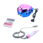 Torno profesional DM 202 color rosa y azul metálico para manicure, incluye pieza de mano, cable de poder y estuche con seis brocas y bandas de lijado.