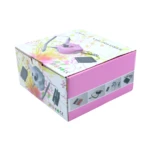 Caja de torno profesional para manicure y pedicura DM-202 rosa, muestra el dispositivo, pedal, pieza de mano y set de fresas ilustrados en el empaque.