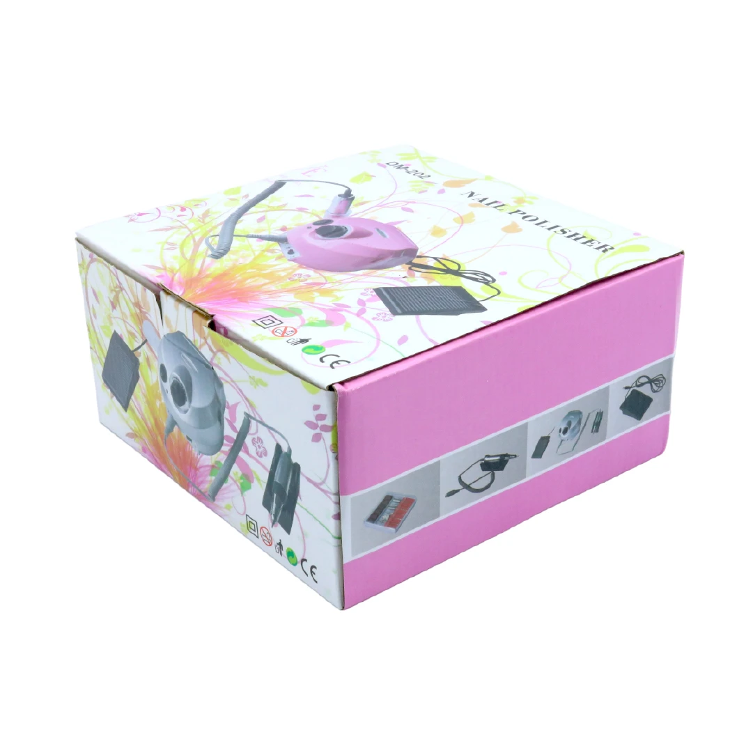 Caja de torno profesional para manicure y pedicura DM-202 rosa, muestra el dispositivo, pedal, pieza de mano y set de fresas ilustrados en el empaque.