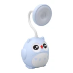 Lampara de escritorio azul en forma de búho con cuello flexible y luz LED circular.