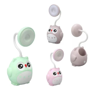 Lámparas CS289-1 búho LED recargables en verde, rosa y gris, con cuello flexible.