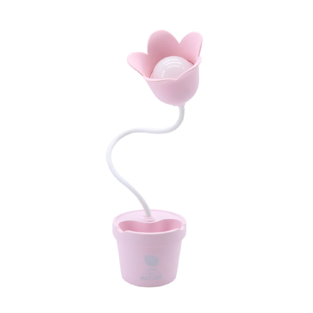 Lámpara LD3050 rosa con forma de flor y base de maceta, luz led suave.