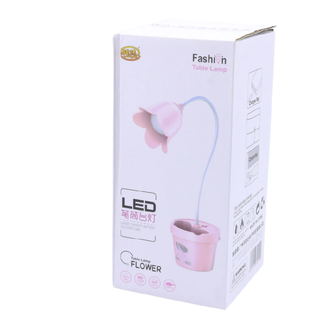 Lámpara de mesa LED rosa con forma de flor, con tubo de silicona flexible y base de carga.