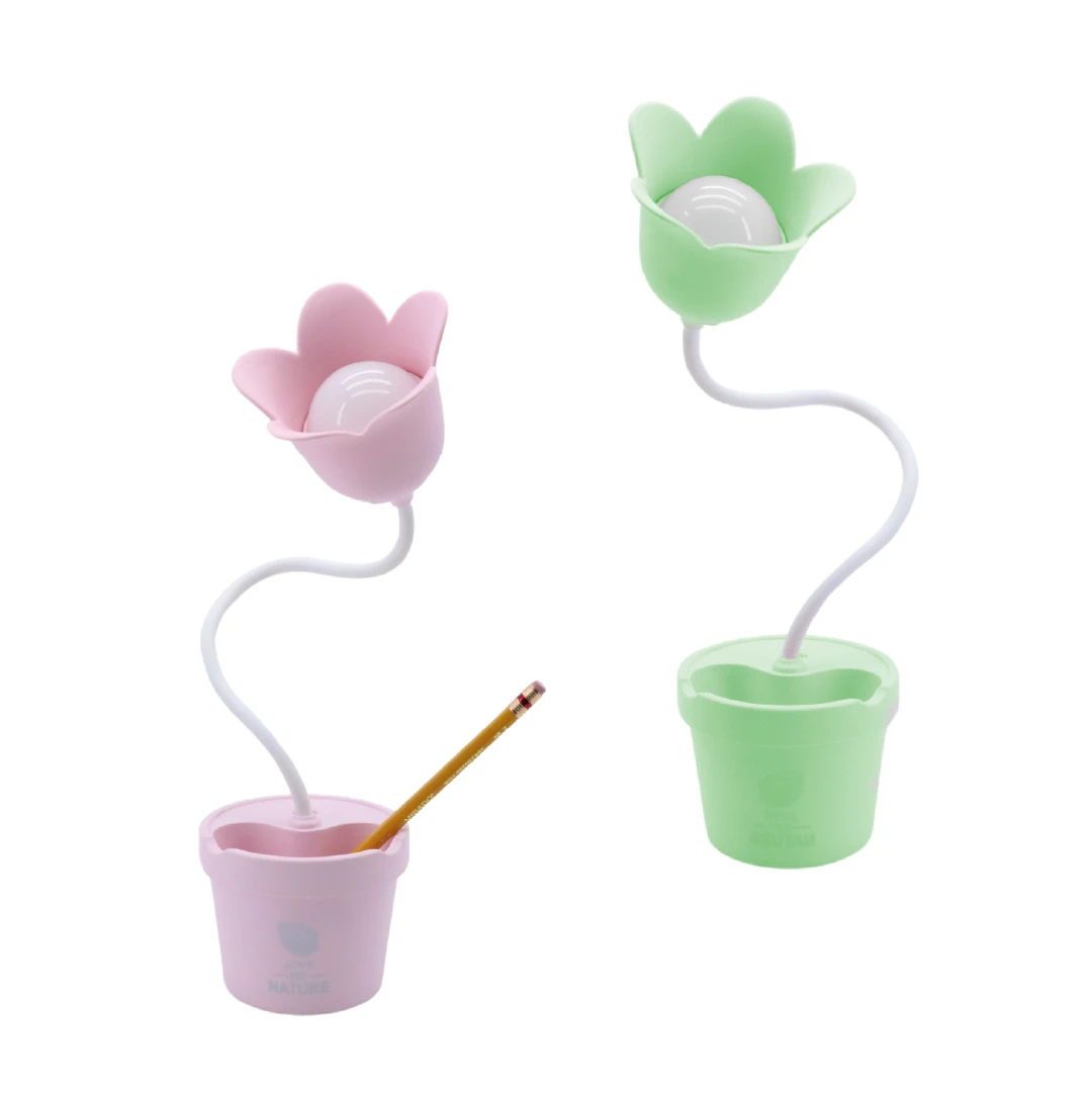 Lámpara LD3050, luz LED con forma de flor, base para lápices, rosa y verde.
