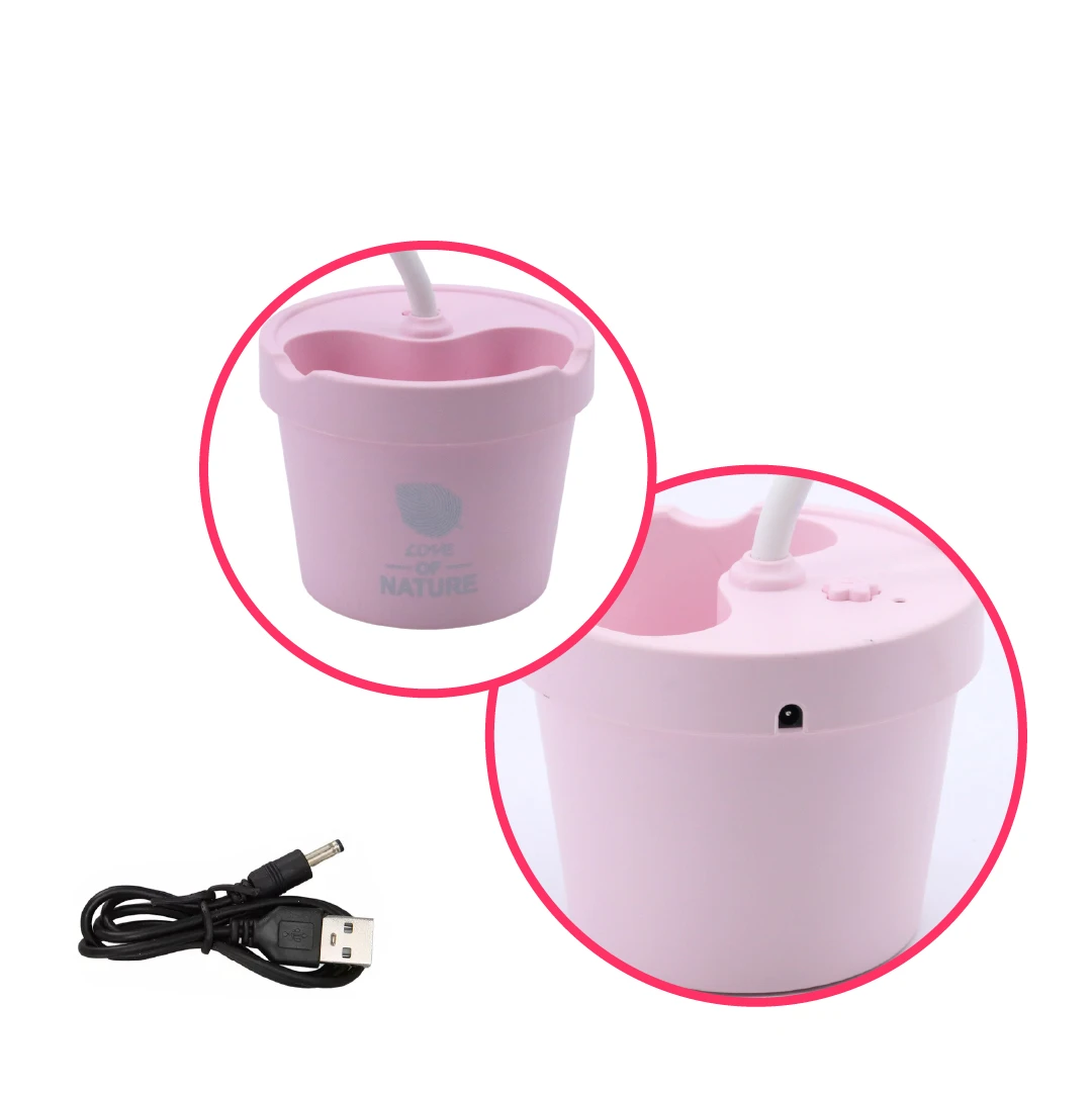 Lampara LD3050 rosa en forma de maceta con texto "Love of Nature" y cable USB.