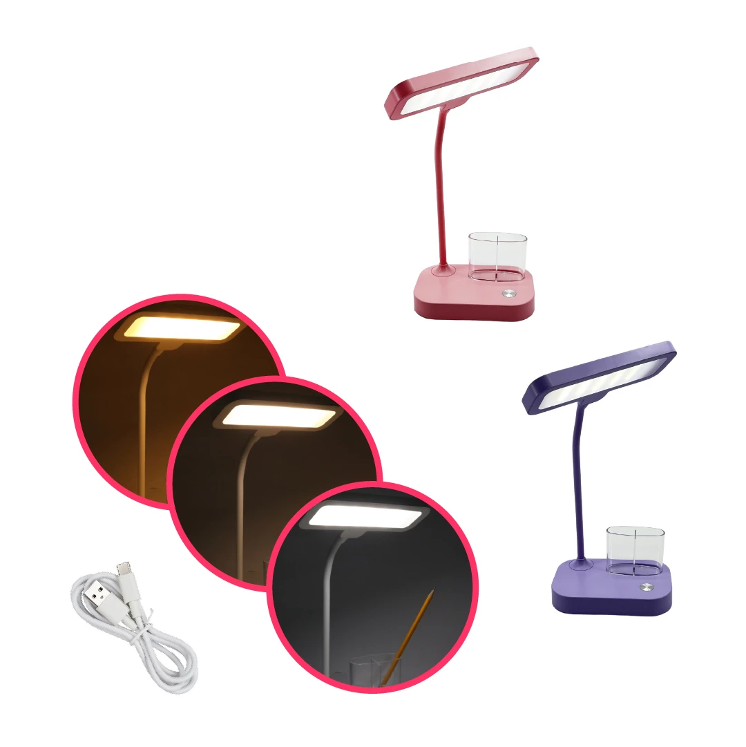 Lámpara de escritorio LED LD3094 en rosa y morado, con diferentes tonos de luz y puerto USB.