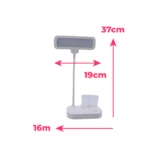 Lámpara de escritorio blanca con medidas de 37cm de alto y 19cm de ancho.