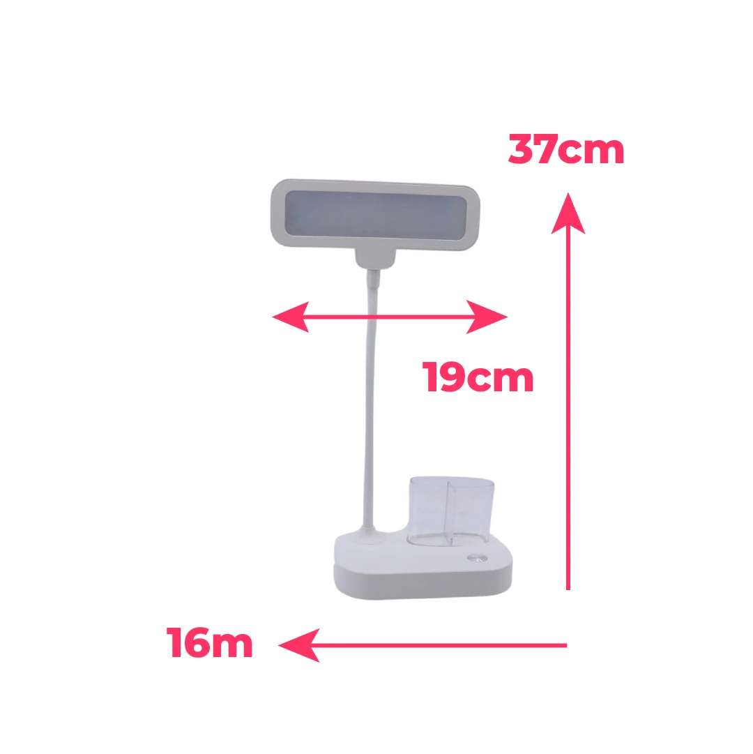 Lámpara de escritorio blanca con medidas de 37cm de alto y 19cm de ancho.