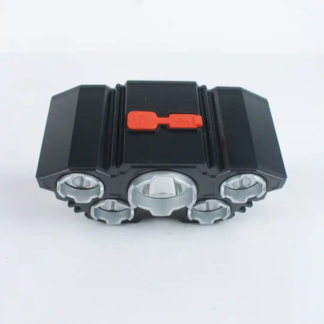 Linterna minera L-T21 negra con frontal metálico y 5 focos LED, detalle rojo.