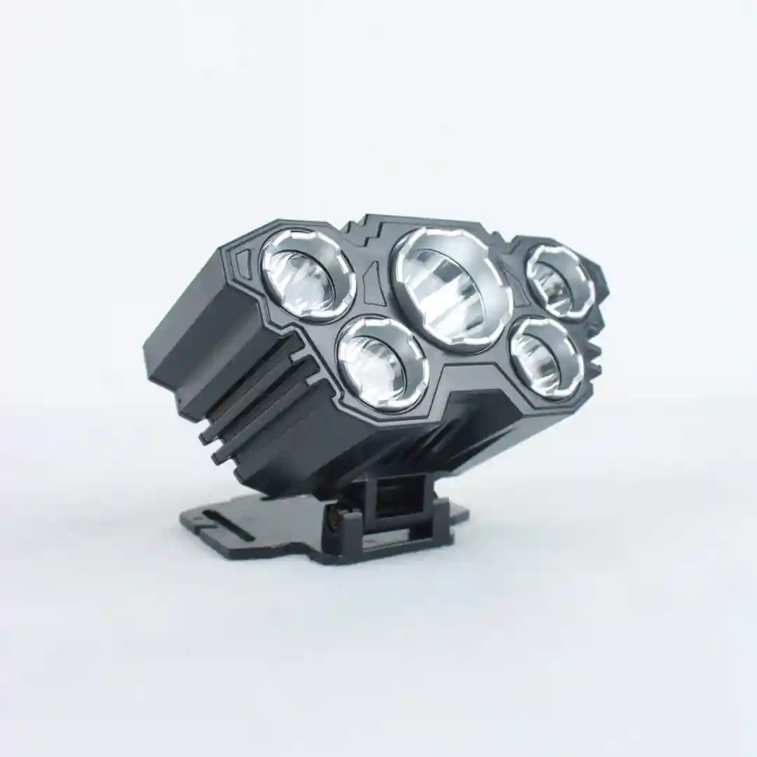 Linterna minera L-T21 negra con cinco luces LED reflectantes y base ajustable.