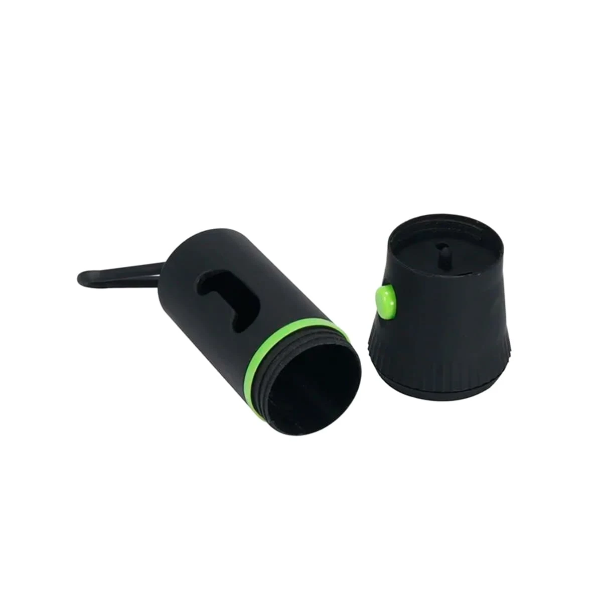 Dispensador negro para bolsas de perro con tapa verde y llavero.