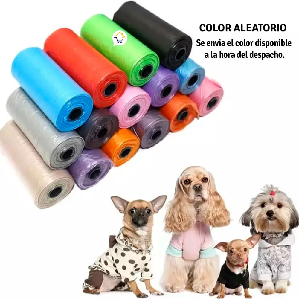 Rollos de bolsas para excremento de perro de varios colores: azul, rojo, verde, negro, naranja, morado, rosa, gris y beige.