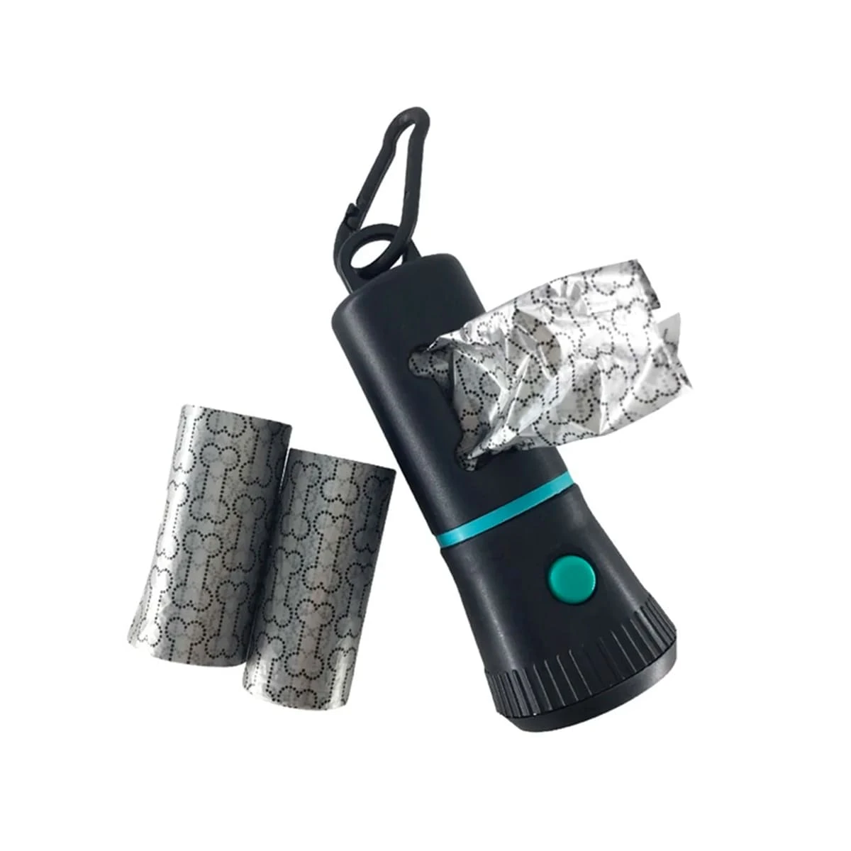 Dispensador de bolsas para perro negro con dos rollos de repuesto con estampado de huellas de patitas.