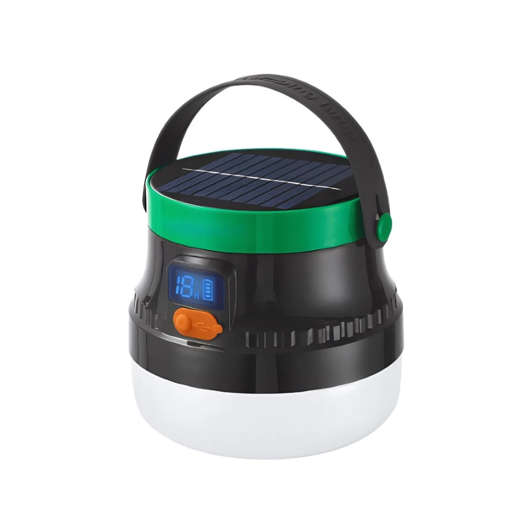Lámpara solar exterior LED portátil con pantalla digital y asa, ideal para camping.