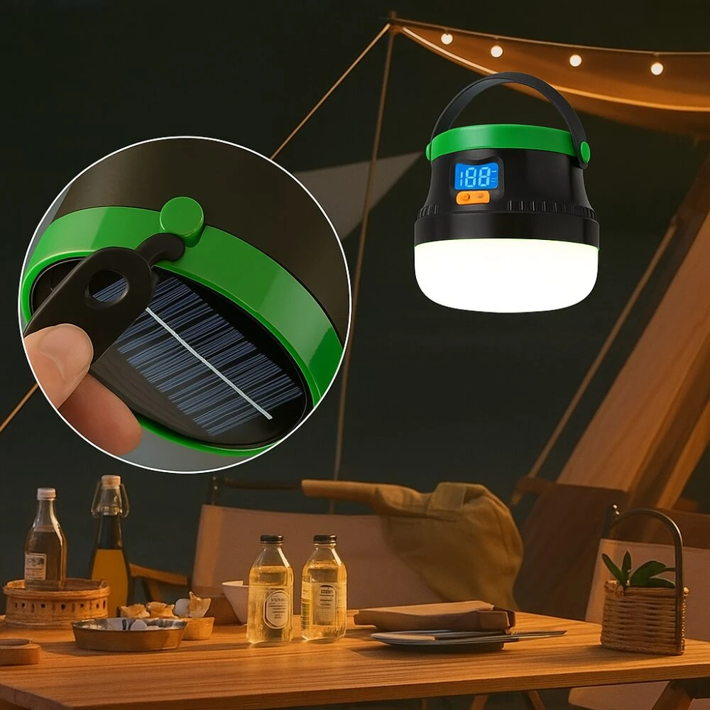 Lámpara solar LED de camping negra y verde con pantalla digital y panel solar, colgada en tienda.