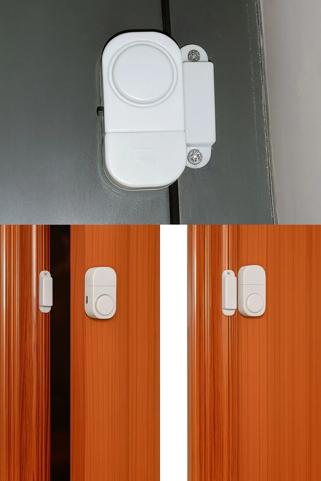 Set x2 Alarmas antirrobo blancas con sensor de puerta, montadas en puertas de madera y gris.