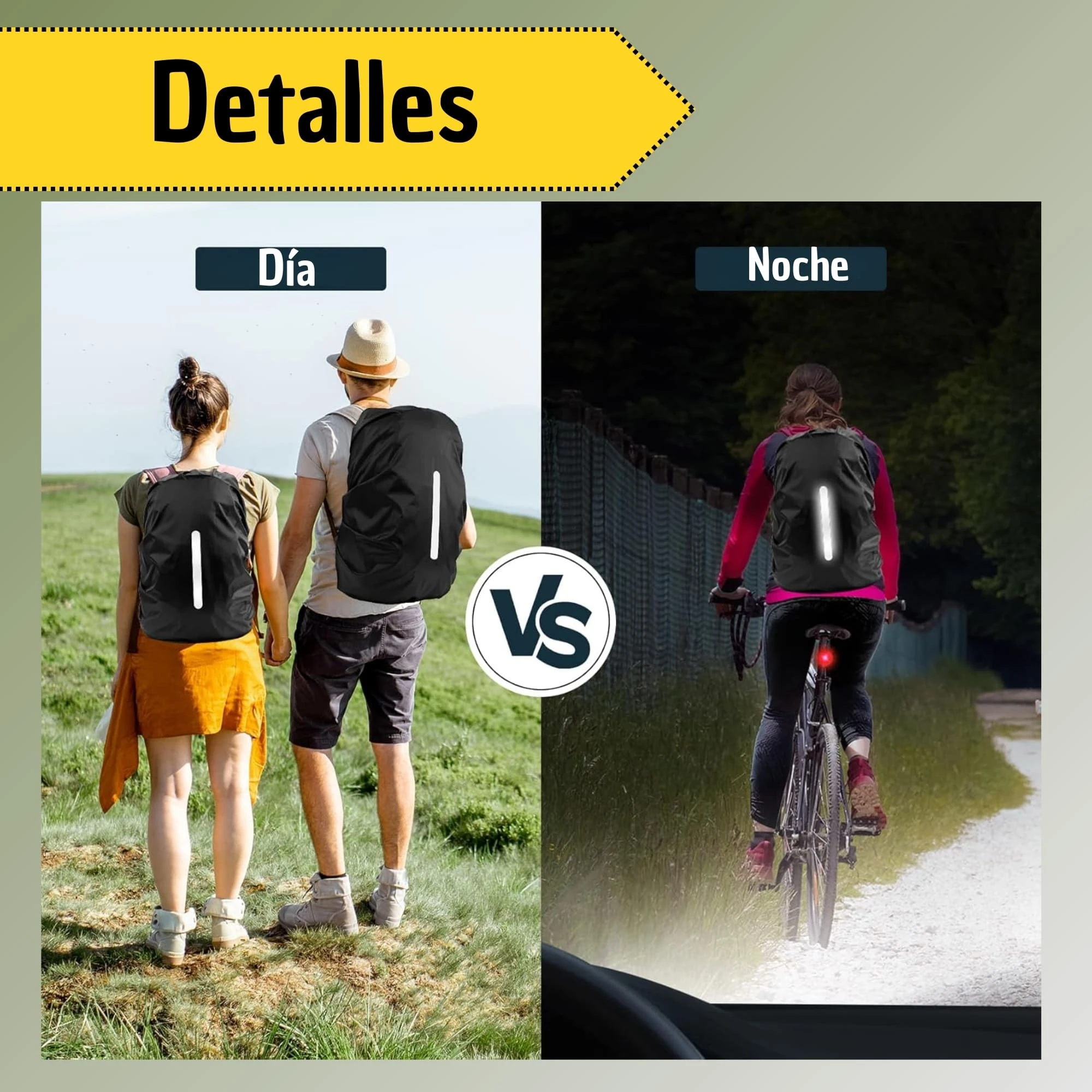 Funda impermeable para morral con banda reflectiva, visible de día y brillando en la noche al andar en bicicleta.