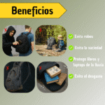 Beneficios del forro impermeable: evita robos, suciedad, protege de la lluvia y desgaste en morrales y libros.