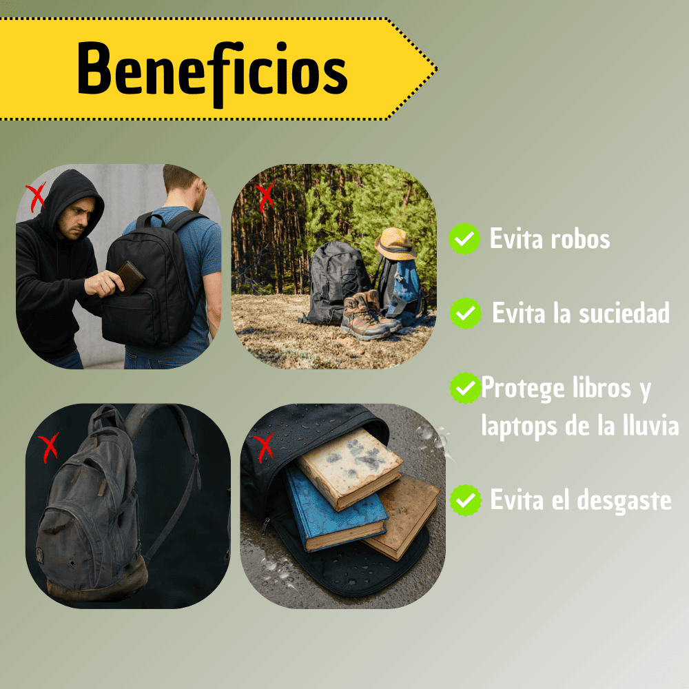 Beneficios del forro impermeable: evita robos, suciedad, protege de la lluvia y desgaste en morrales y libros.