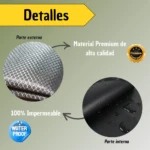 Detalles de forro impermeable: textura externa plateada y parte interna negra con gotas de agua. Material premium.